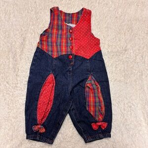 Vintage 90s Denim 1pc Baby Kisses Size 12 Month Flannel Polk ADot Christmas RARE
